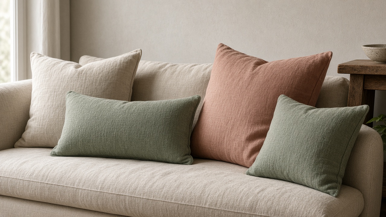 Layered linen pillows on a sofa