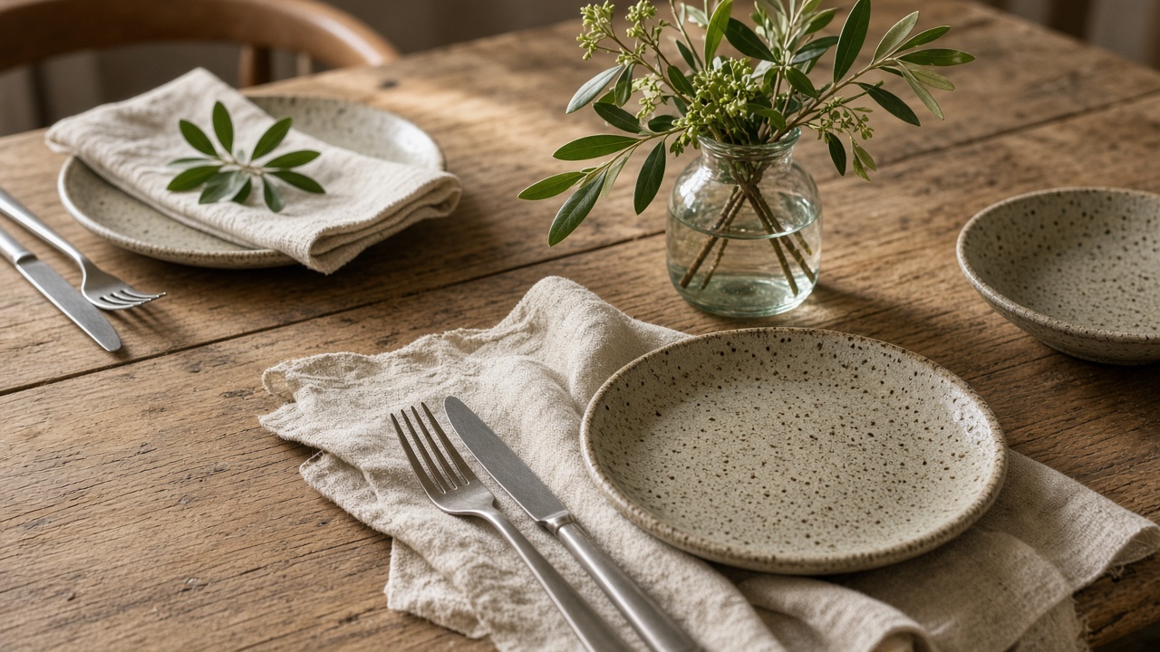 Stoneware set on a wooden table