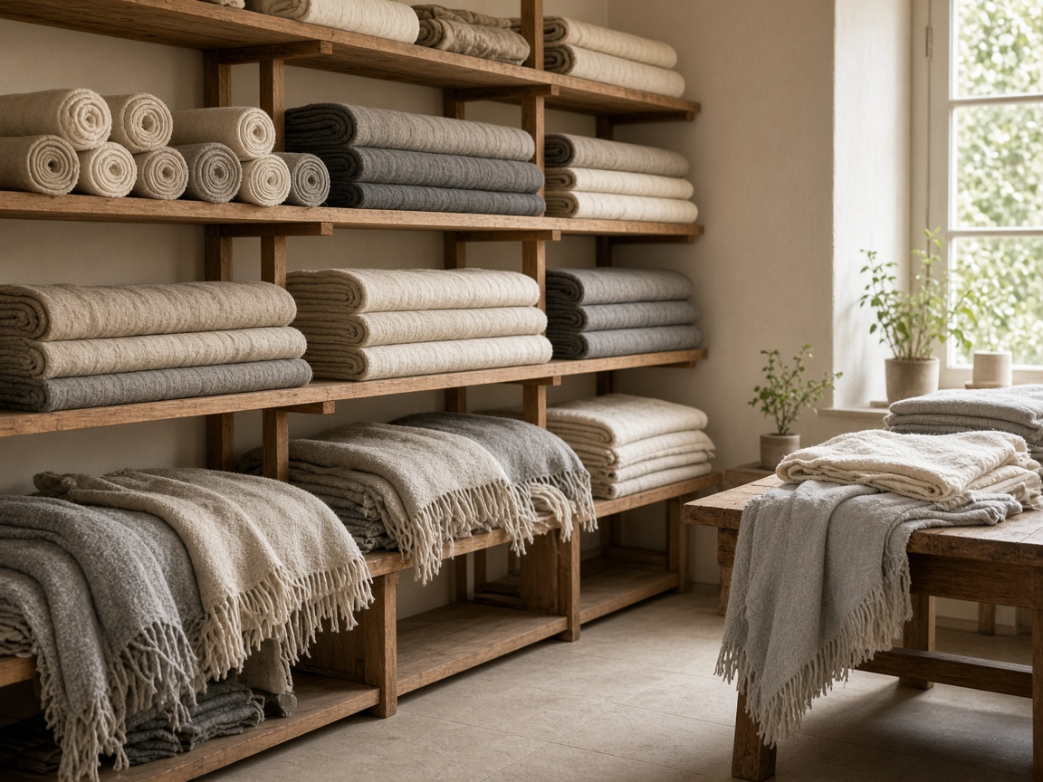 Linen and wool on wooden shelves